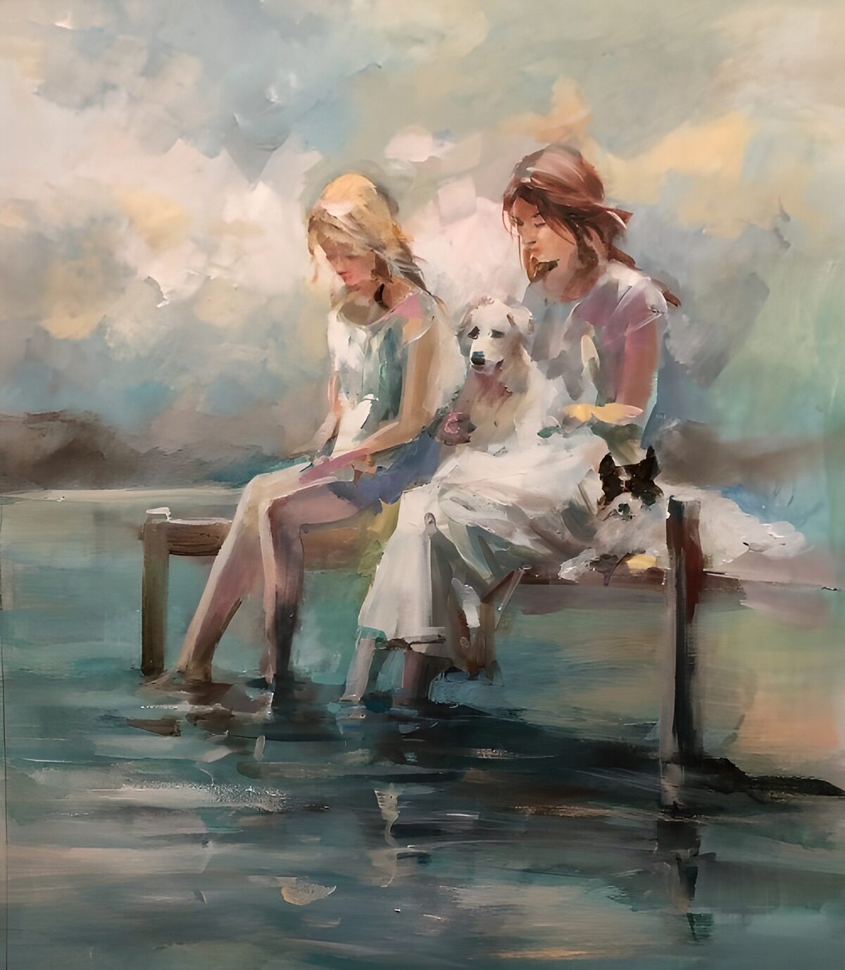 Niña, mujer y dos perros en el muelle