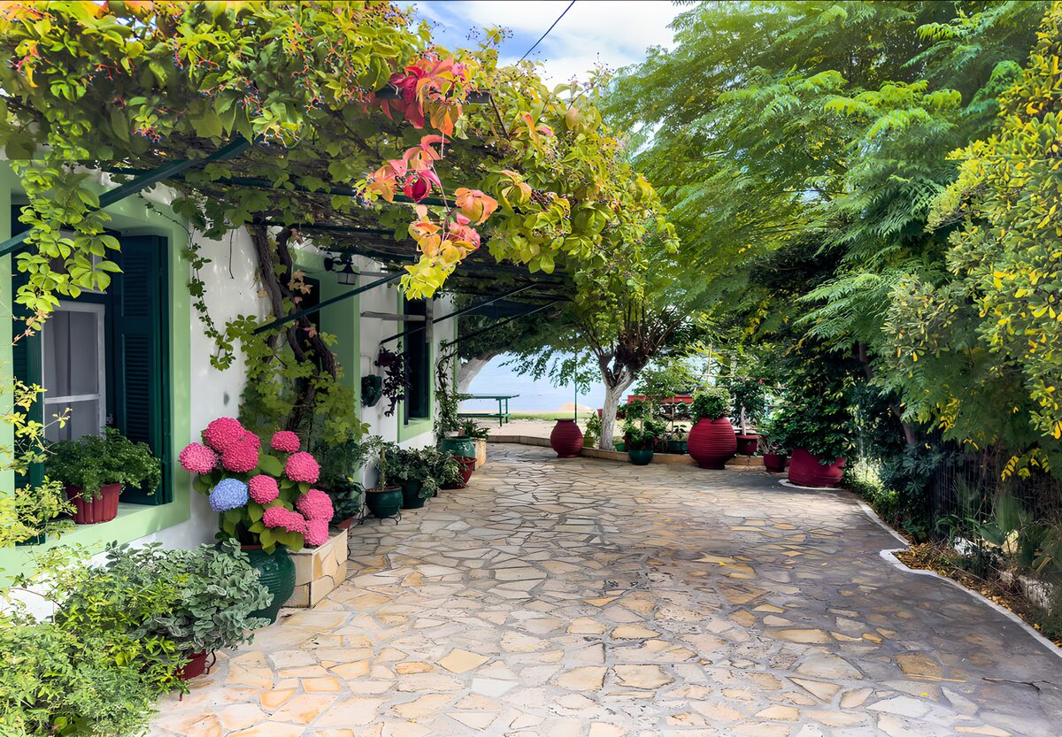 Patio de piedra entre flores y sombra