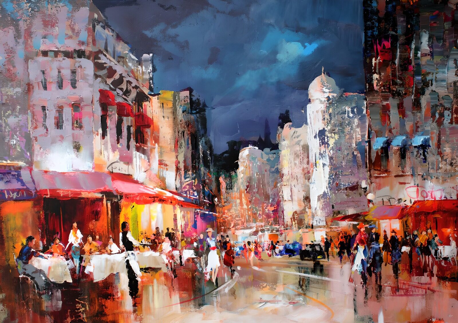 TPES29986: Calle nocturna con terrazas y reflejos
