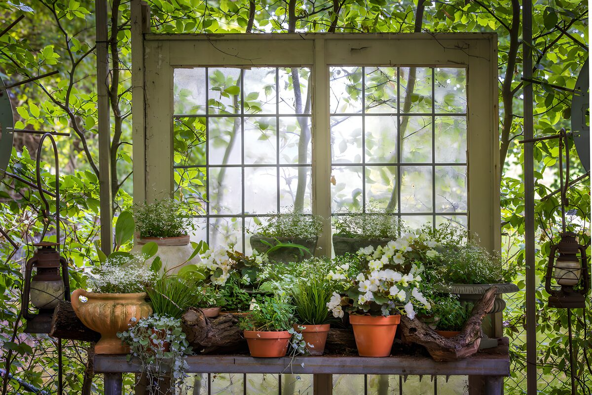 Macetas y flores junto a una ventana rústica