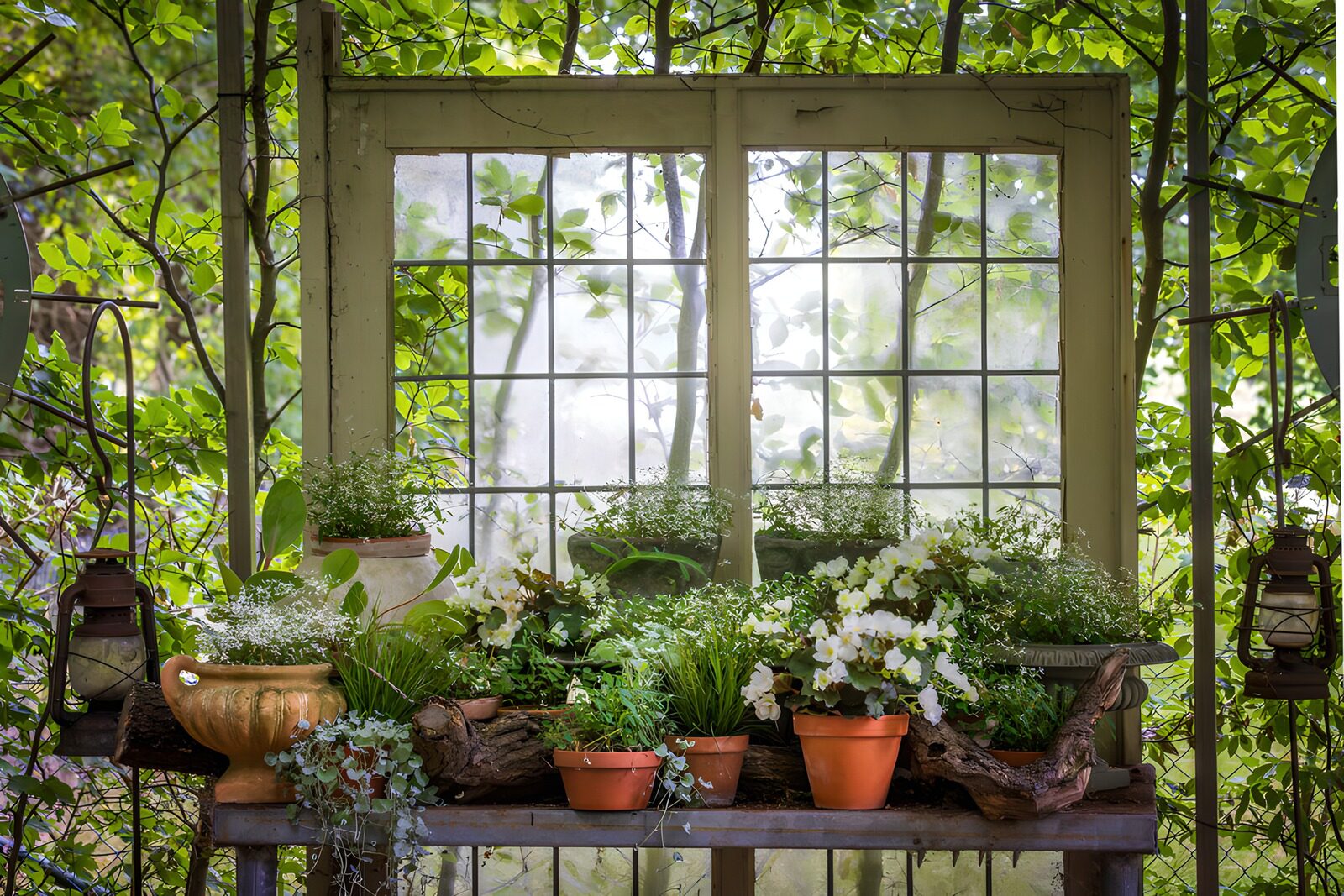 TPES11605: Macetas y flores junto a una ventana rústica