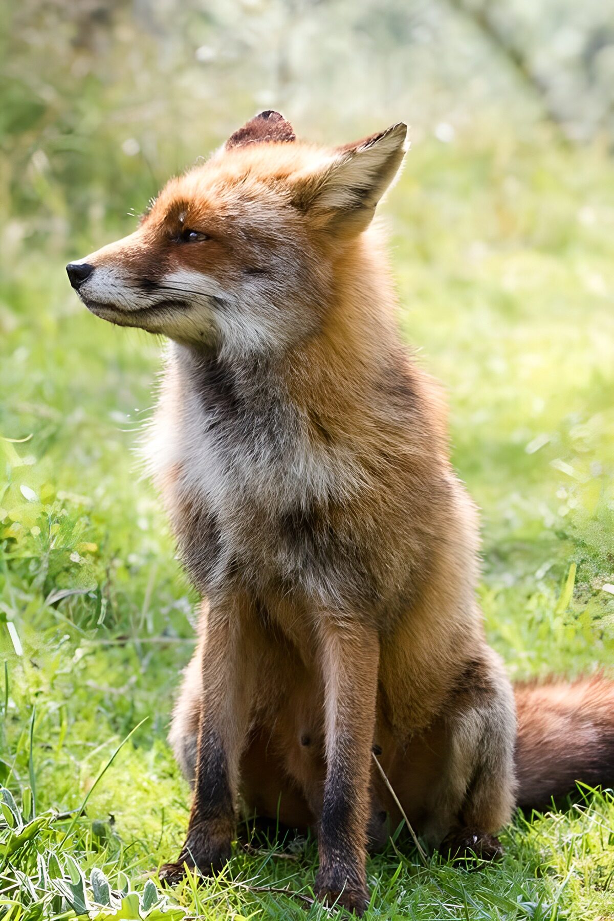 Zorro sentado al sol entre la hierba