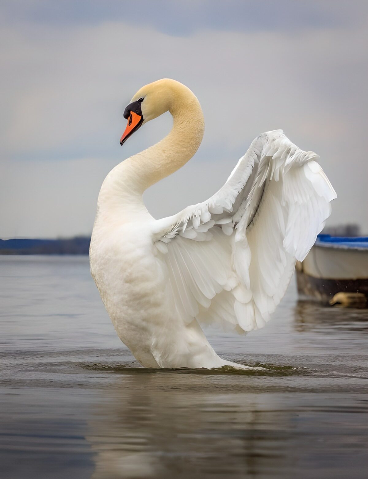 Cisne con las alas abiertas sobre el agua
