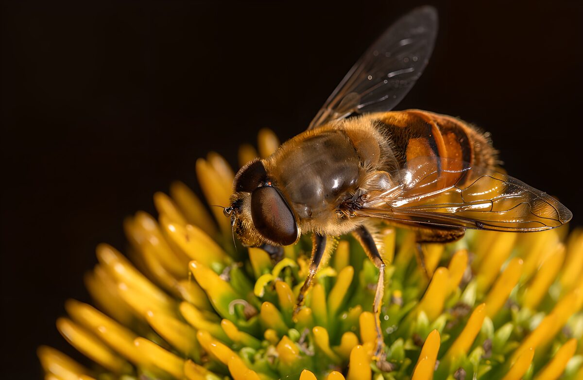 Sírfido sobre flor amarilla, de cerca